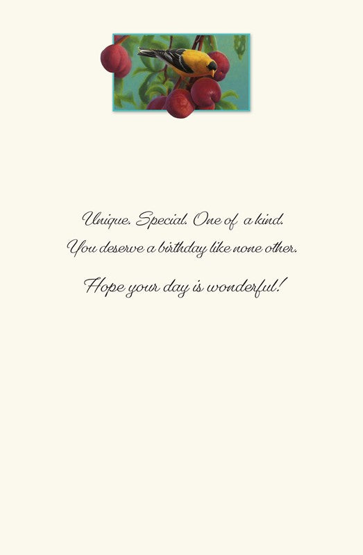 PP Birthday Card Goldfinch and Plums