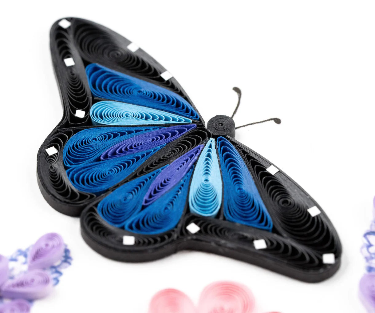 Quilled Birthday Flowers & Blue Butterflies Greeting Card