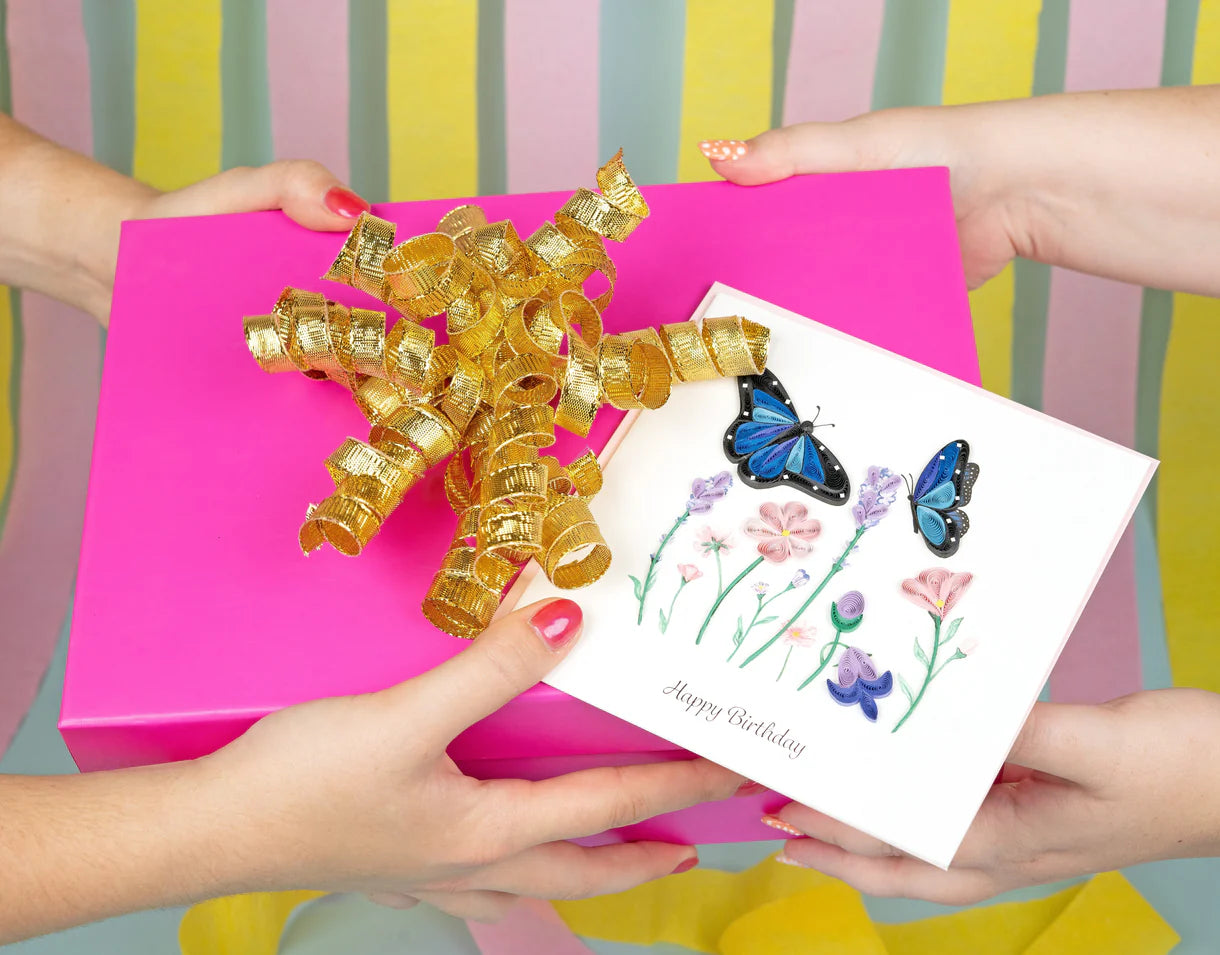 Quilled Birthday Flowers & Blue Butterflies Greeting Card