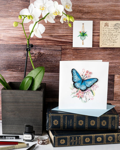 Quilled Blue Butterfly & Flowers Greeting Card