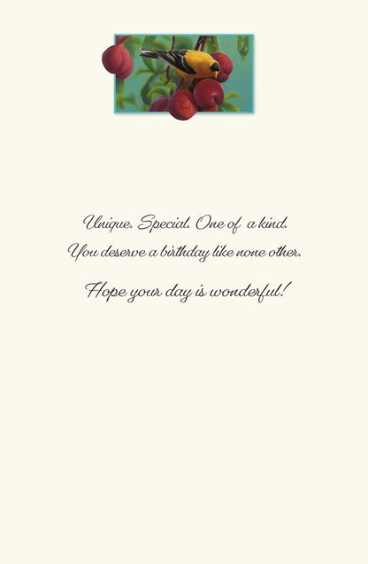 PP Birthday Card Goldfinch and Plums
